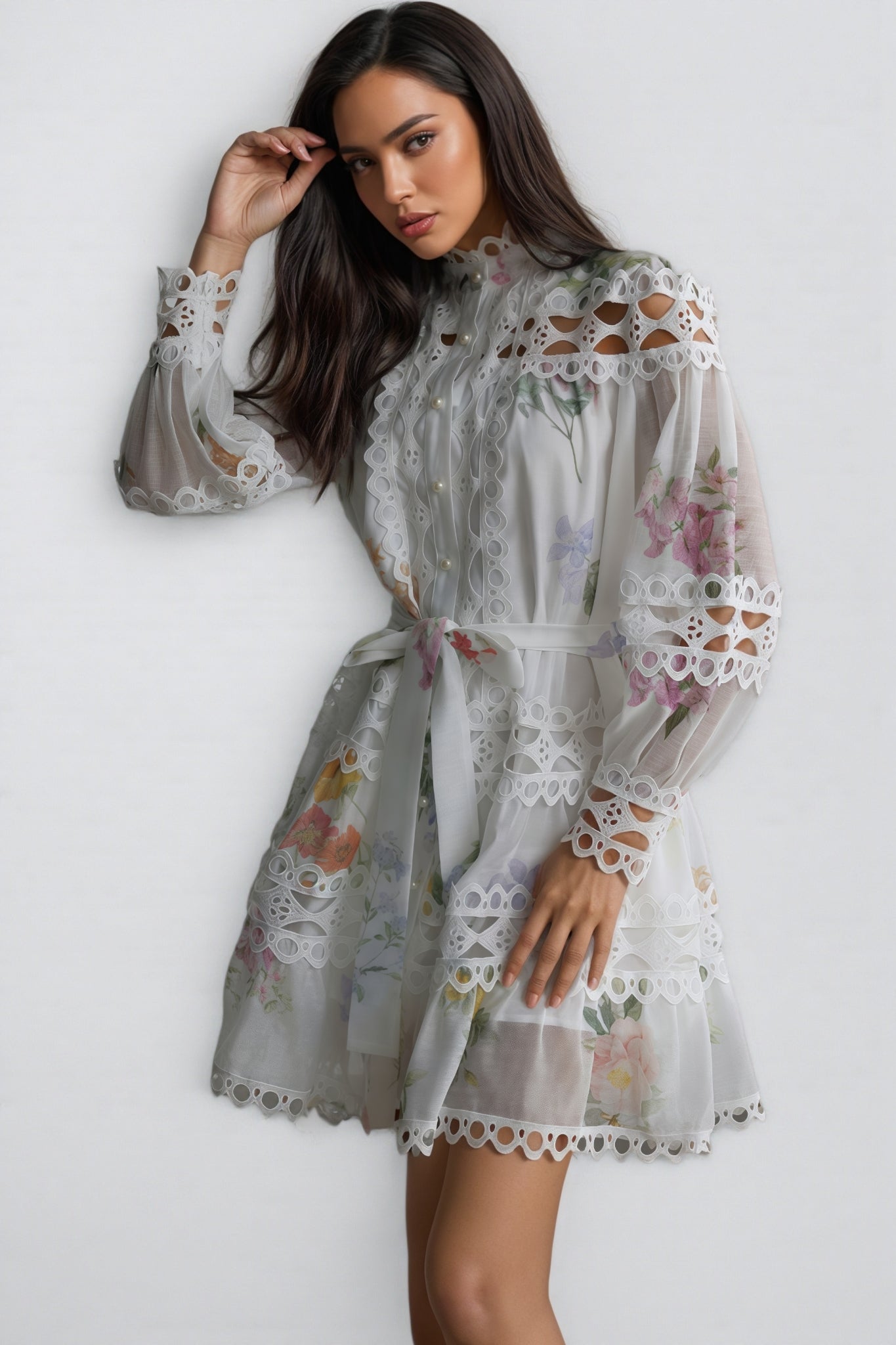 Catharine Floral Print Lace Panelled Mini Dress