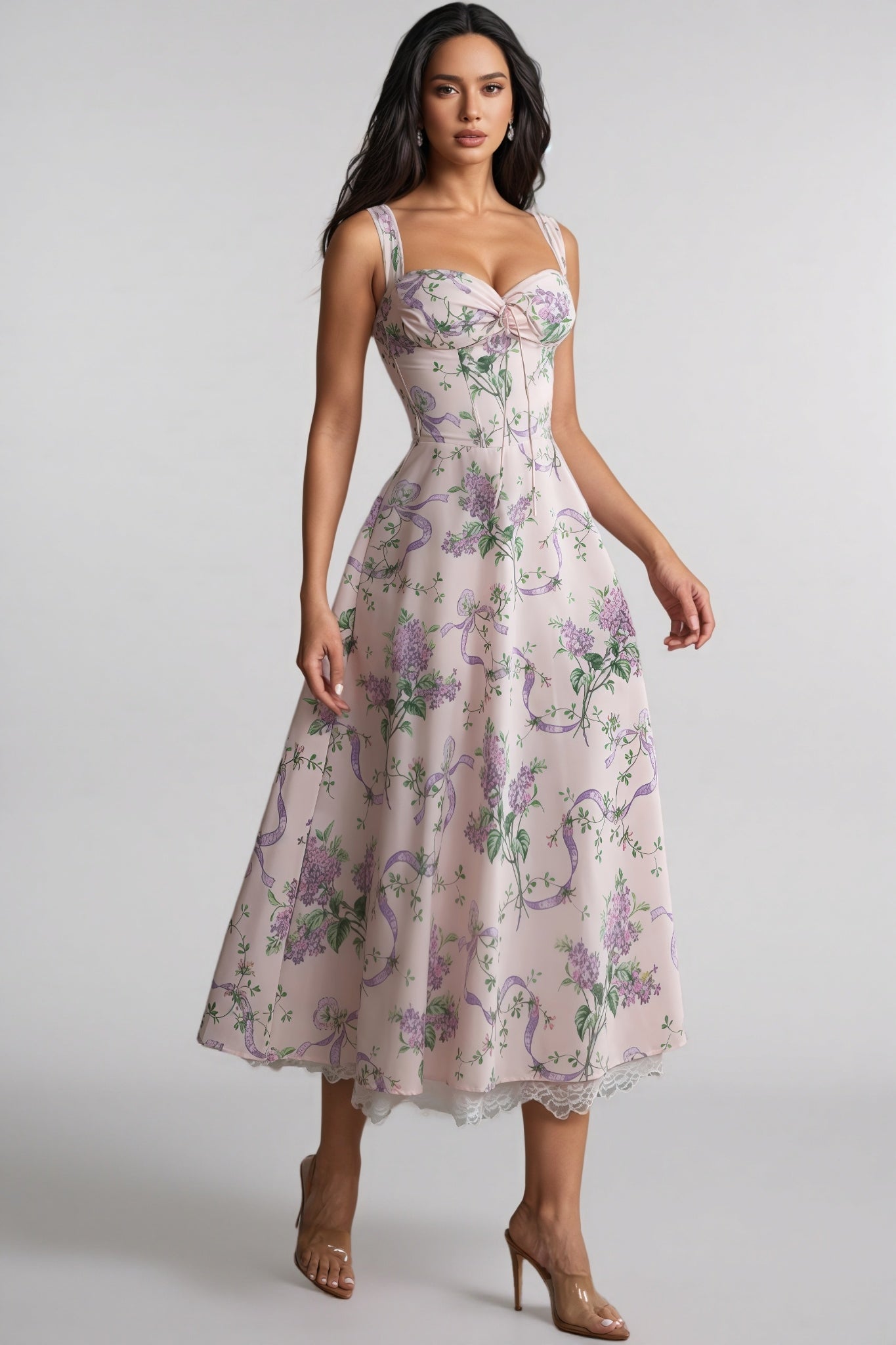 Kerry Floral Print Lace Trim Midi Dress