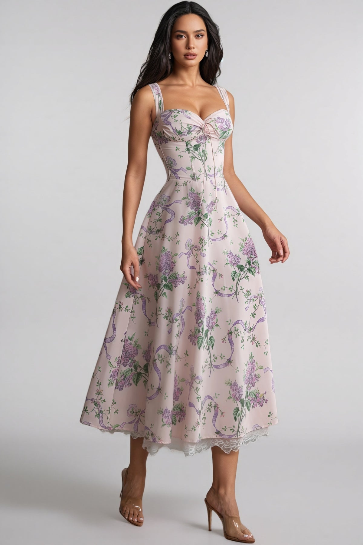 Kerry Floral Print Lace Trim Midi Dress