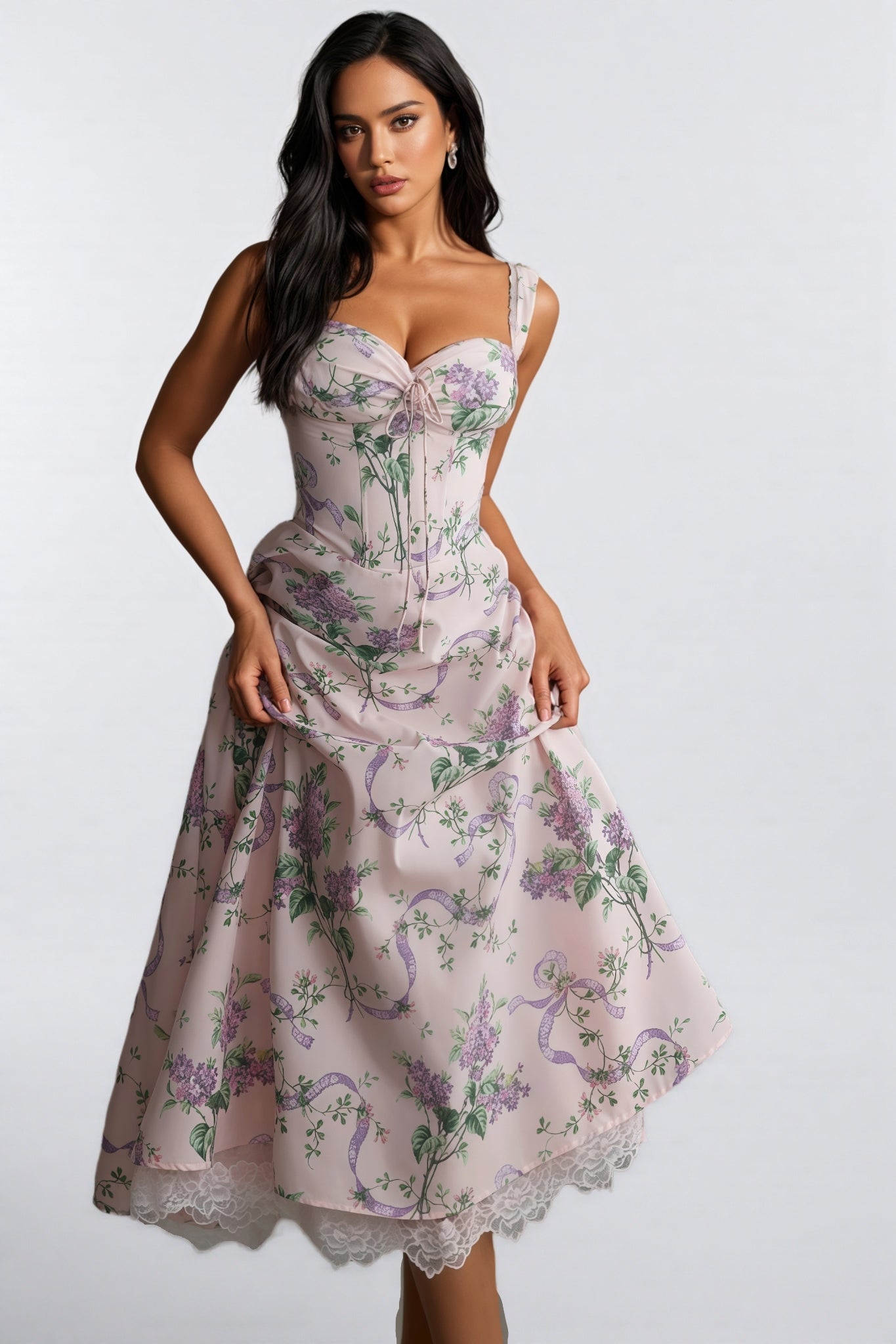 Kerry Floral Print Lace Trim Midi Dress