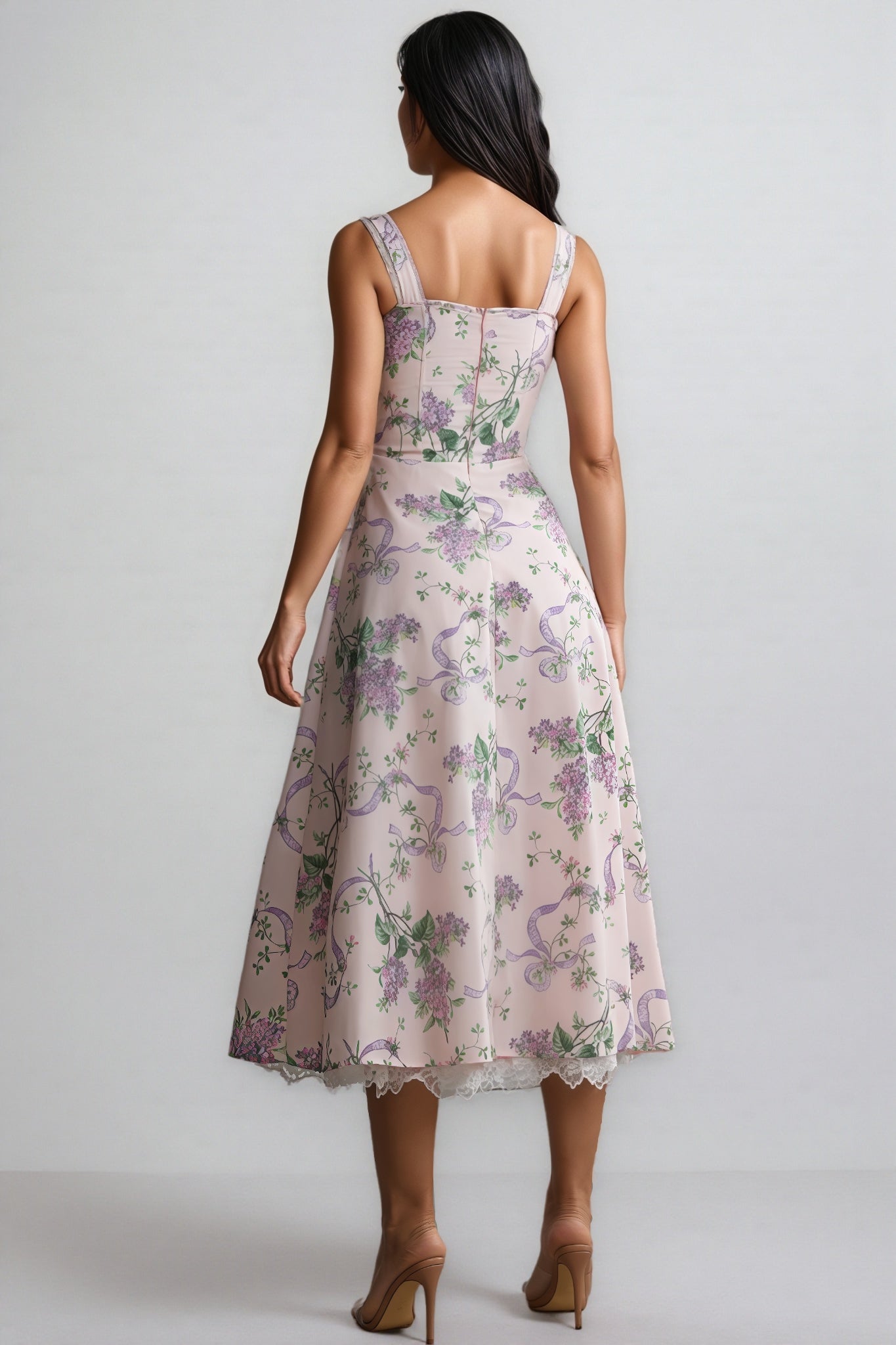 Kerry Floral Print Lace Trim Midi Dress