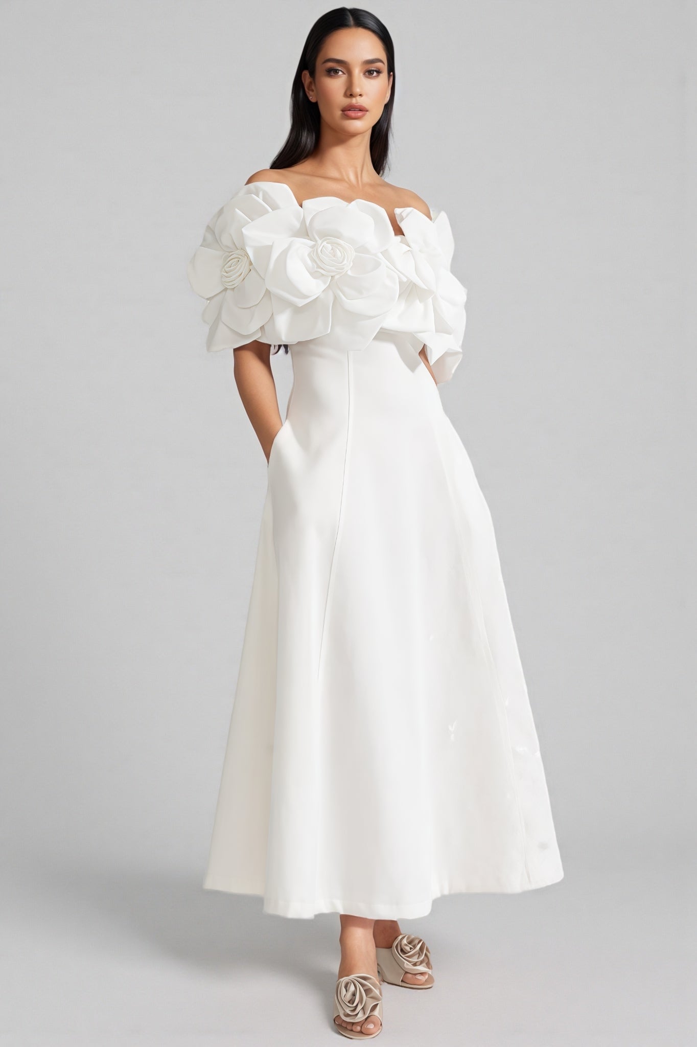 Dasaka White Strapless 3D Floral Maxi Dress