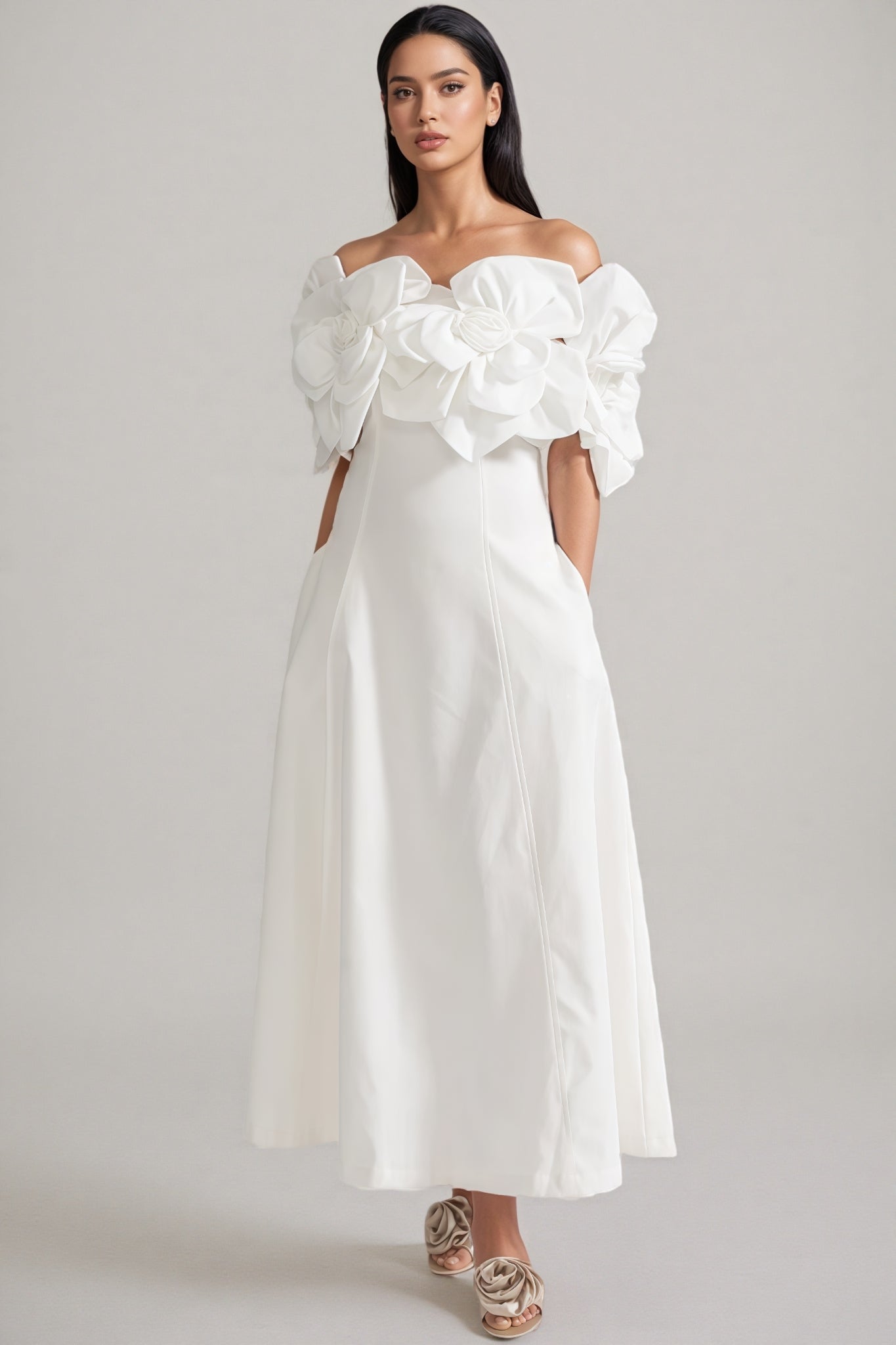 Dasaka White Strapless 3D Floral Maxi Dress