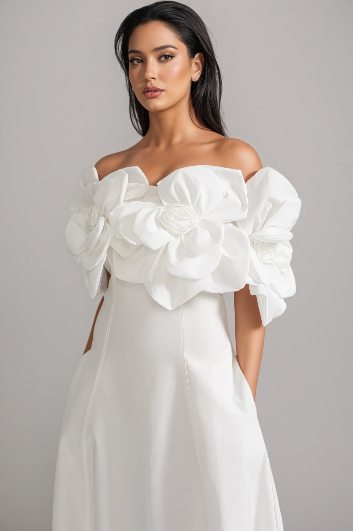 Dasaka White Strapless 3D Floral Maxi Dress