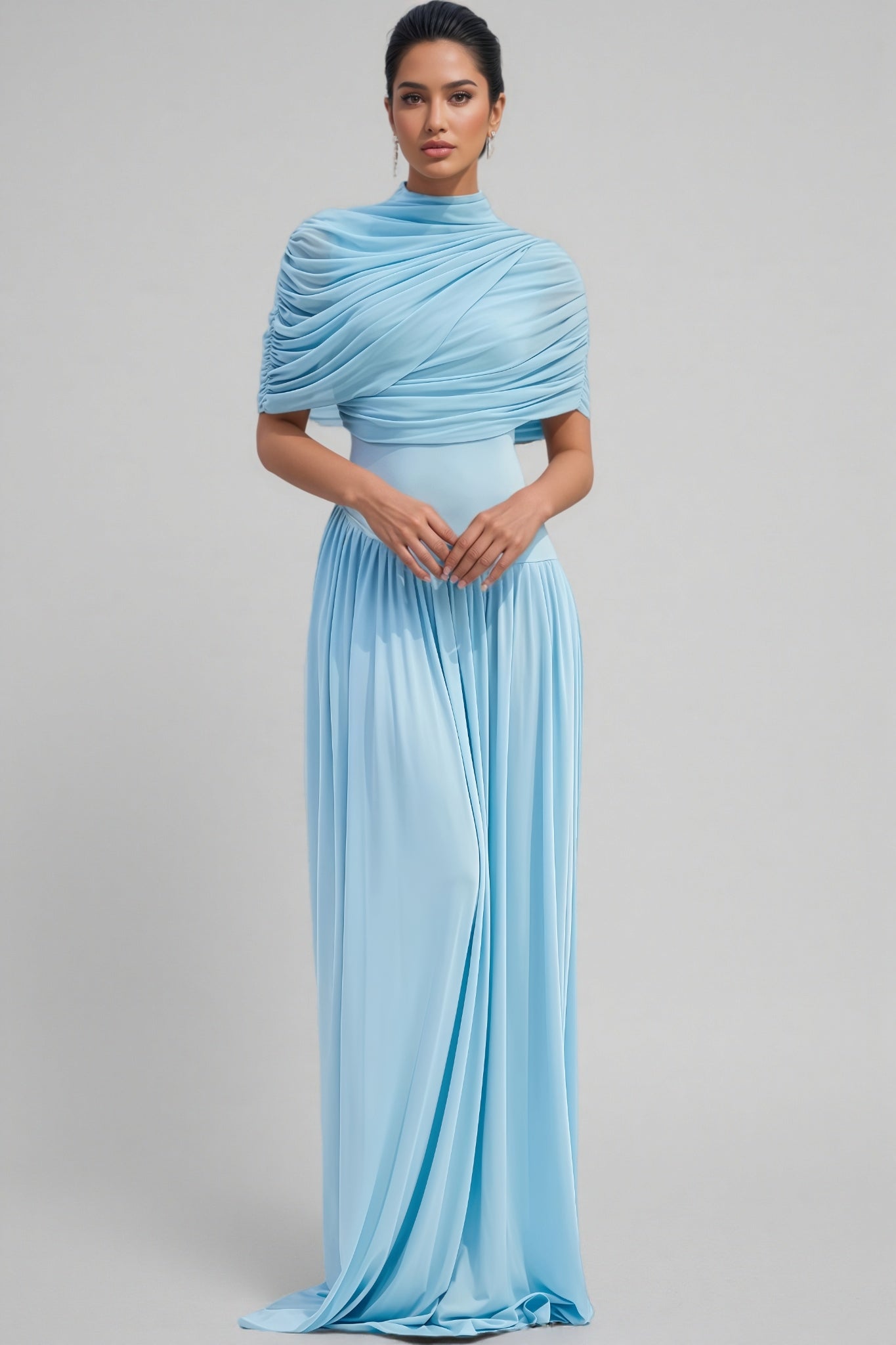 Vailtry Blue Shawl-Style Pleated Maxi Dress