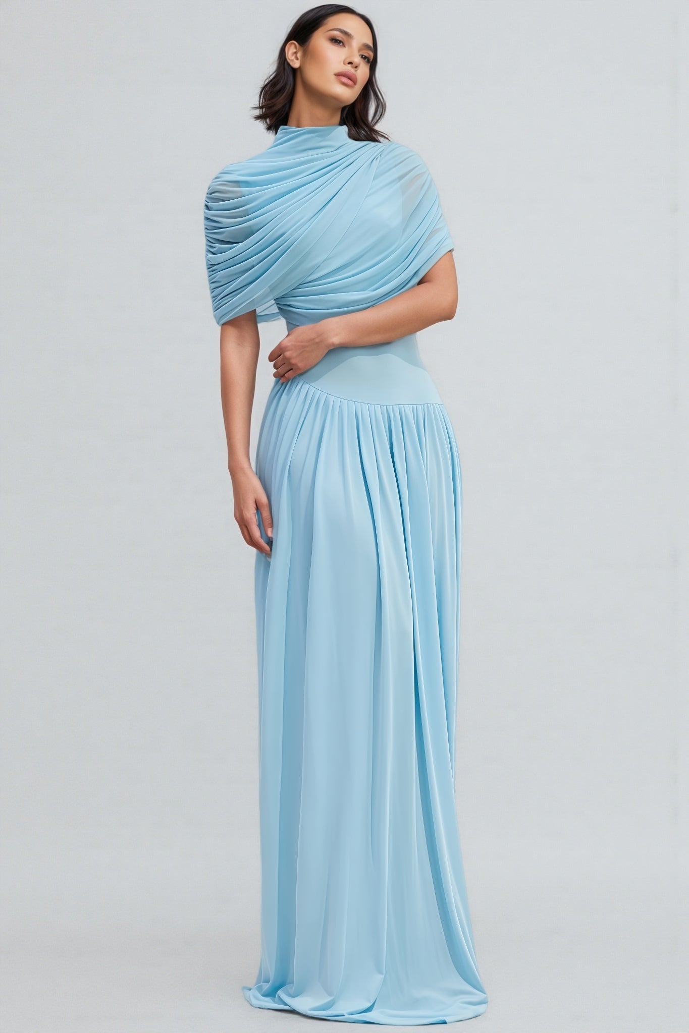 Vailtry Blue Shawl-Style Pleated Maxi Dress