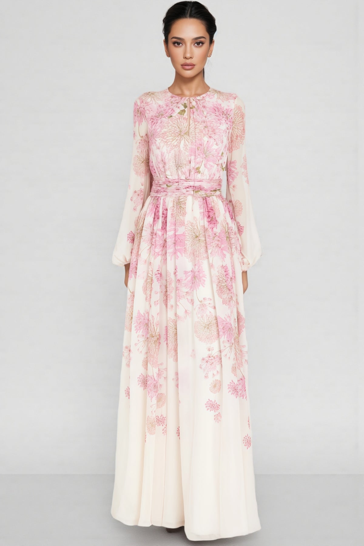 Aisly Print Round Neck Puff Sleeve Maxi Dress