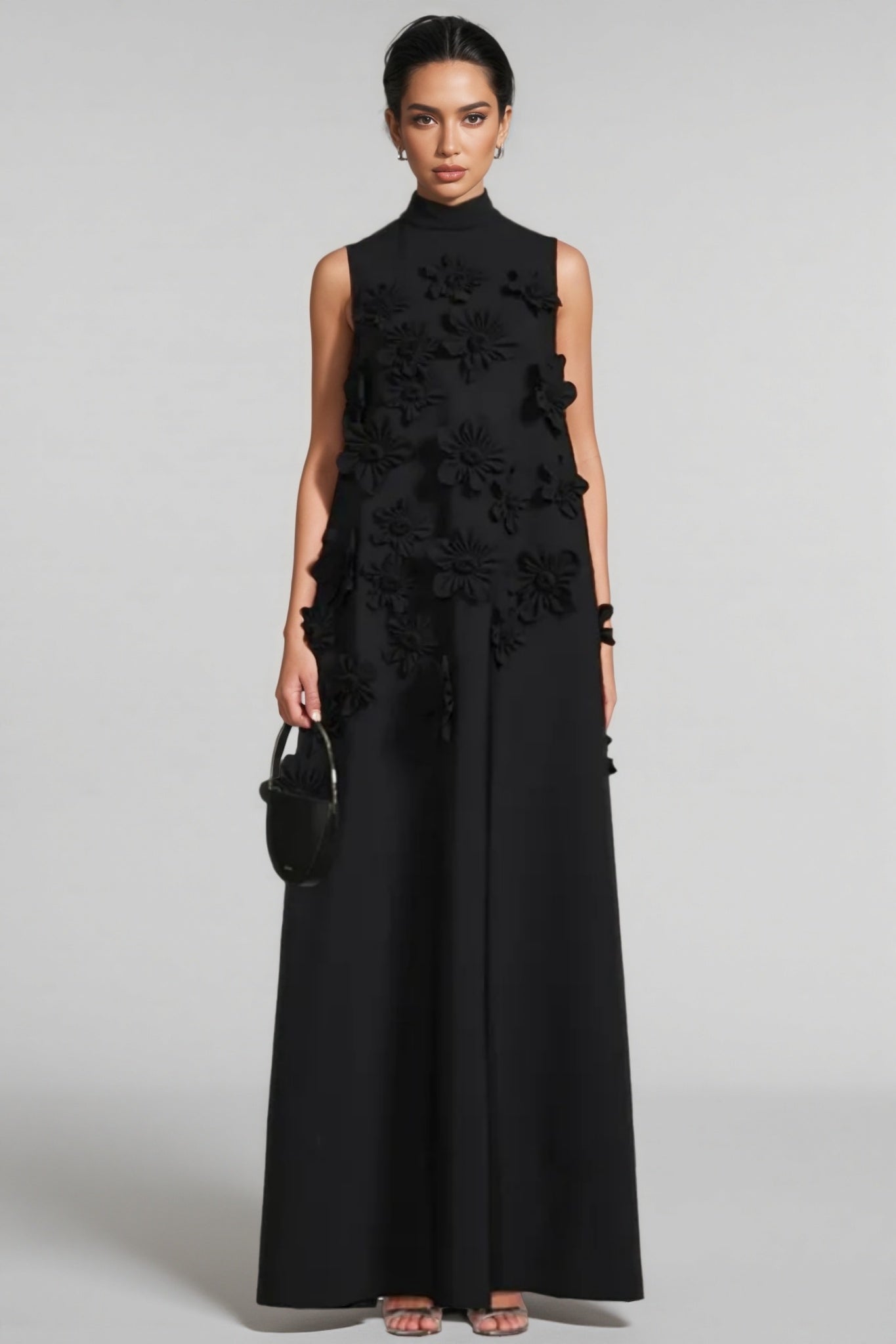 Daphne 3D Floral High Neck Sleeveless Maxi Dress-Black