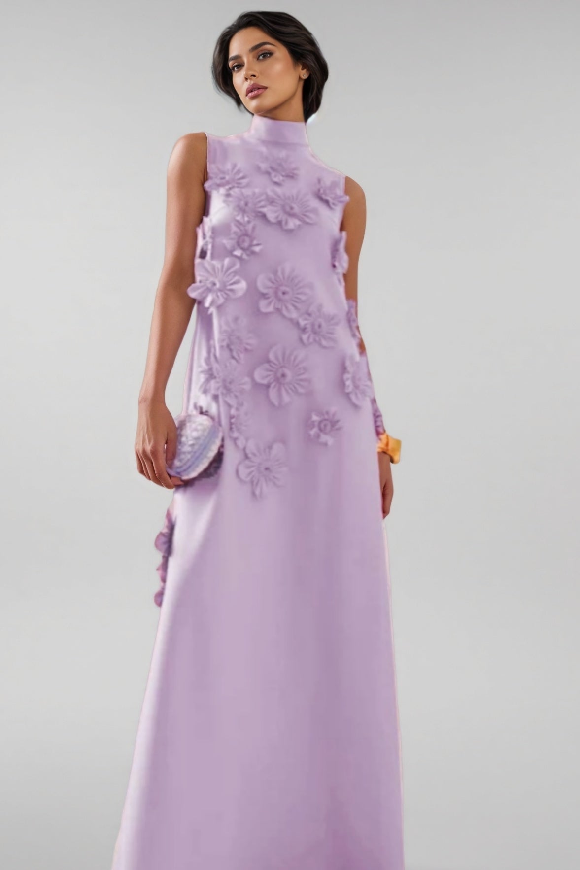 Celina 3D Floral High Neck Sleeveless Maxi Dress-Purple