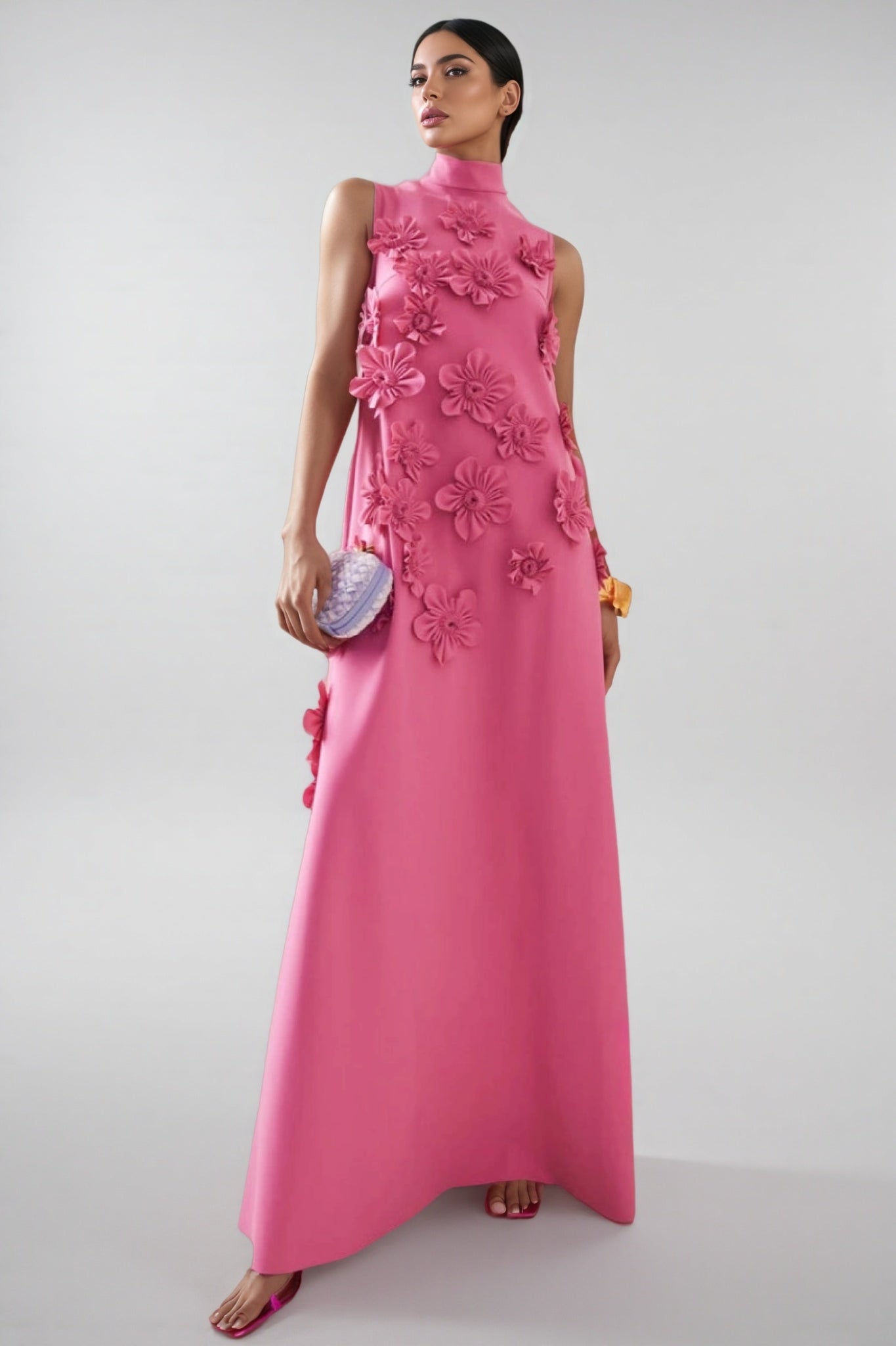 Eliza 3D Floral High Neck Sleeveless Maxi Dress-Pink