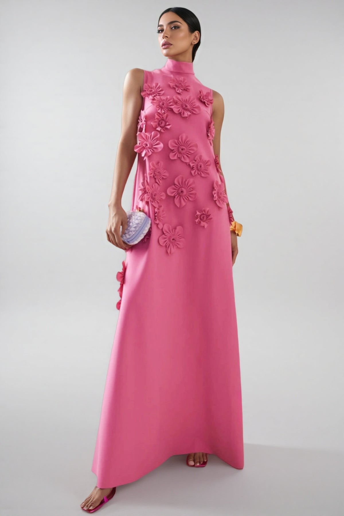 Eliza 3D Floral High Neck Sleeveless Maxi Dress-Pink