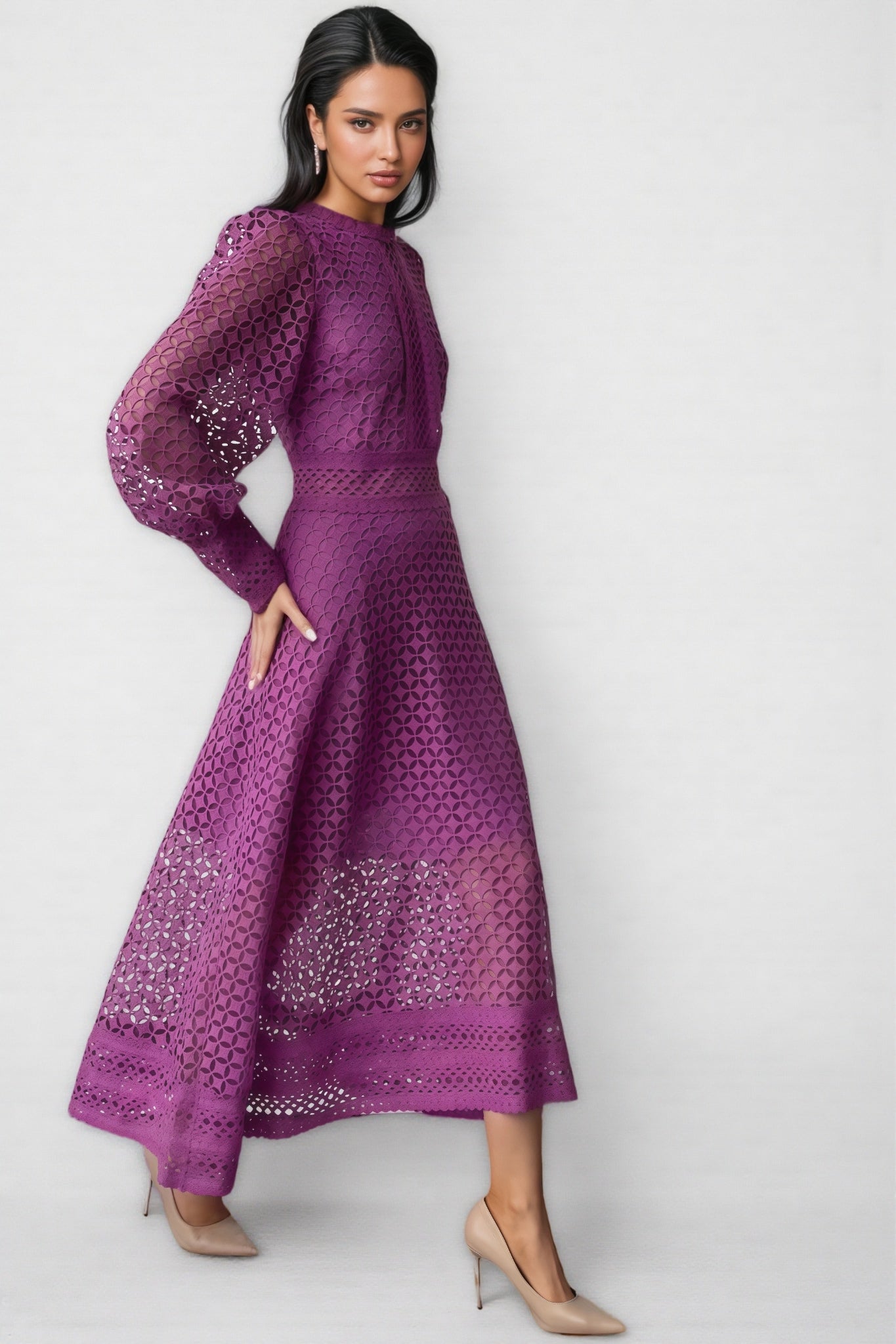 Abel Lace Lantern Sleeve Midi Dress