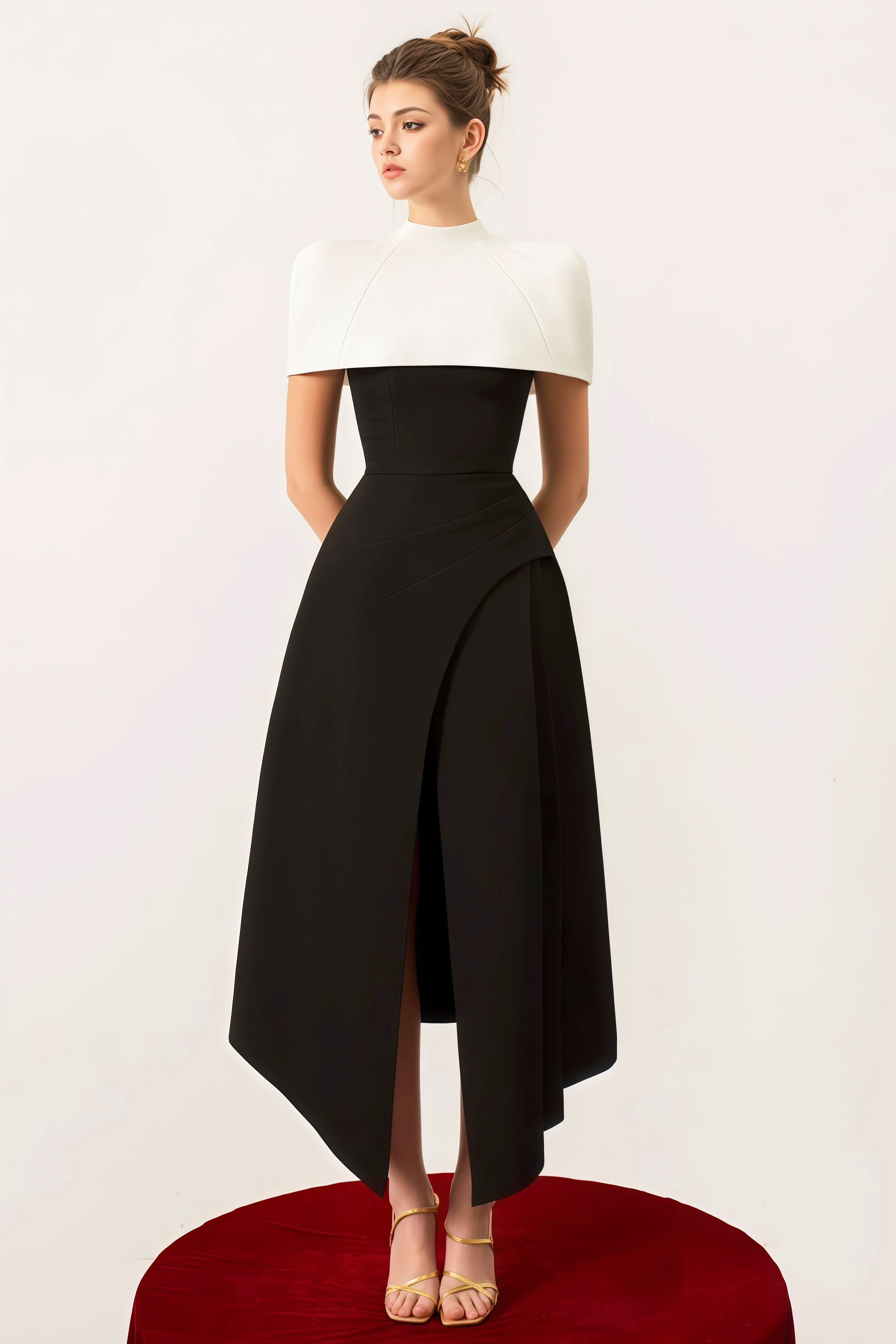 Ferla Contrast Color Cape Slip Midi Dress