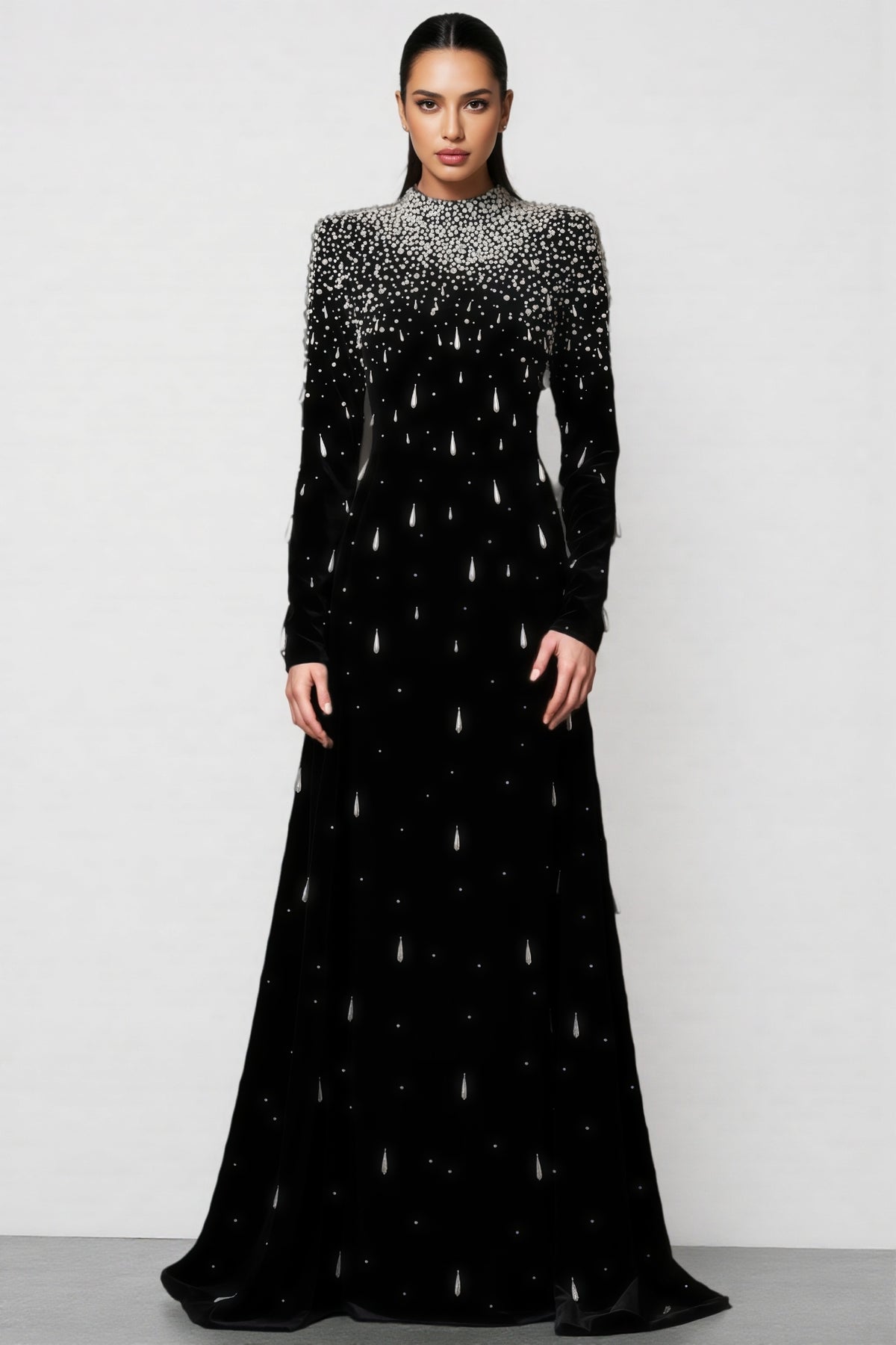 Junrty Black Pearl Beaded Maxi Dress