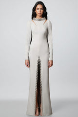 Aislety White Slit Openwork Beaded Maxi Dress