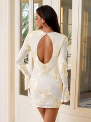 Jacquard Flounce Sleeve Cut Out Back Mini Dress