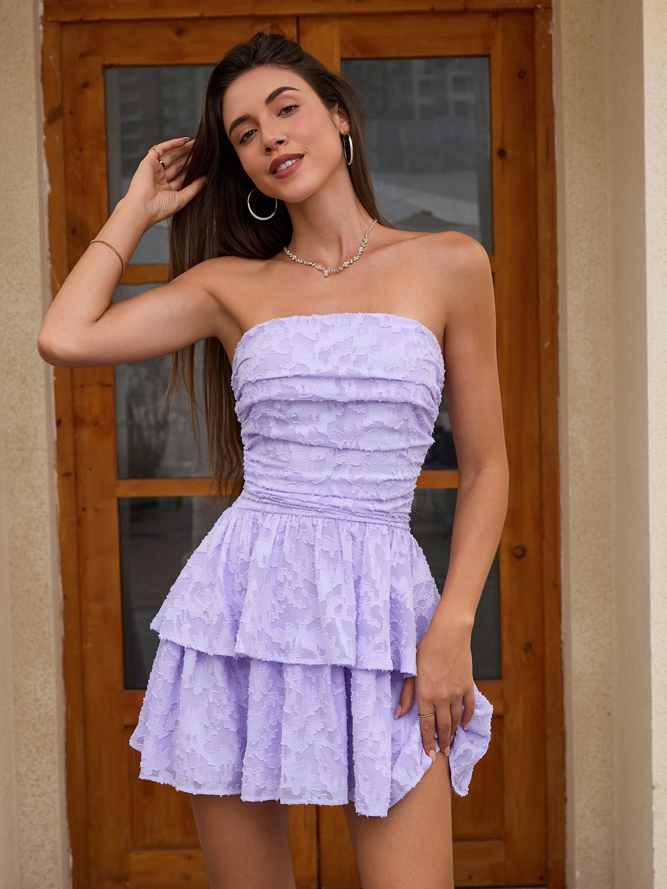 Jacquard Ruched Pleated Hem Tube Dress