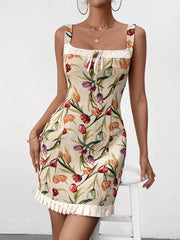 Jacquard Tie Front Ruffle Hem Bodycon Dress