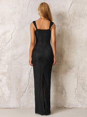 Jacquard Zipper Split Back Lace Bodycon Dress