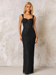 Jacquard Zipper Split Back Lace Bodycon Dress