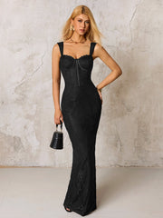 Jacquard Zipper Split Back Lace Bodycon Dress