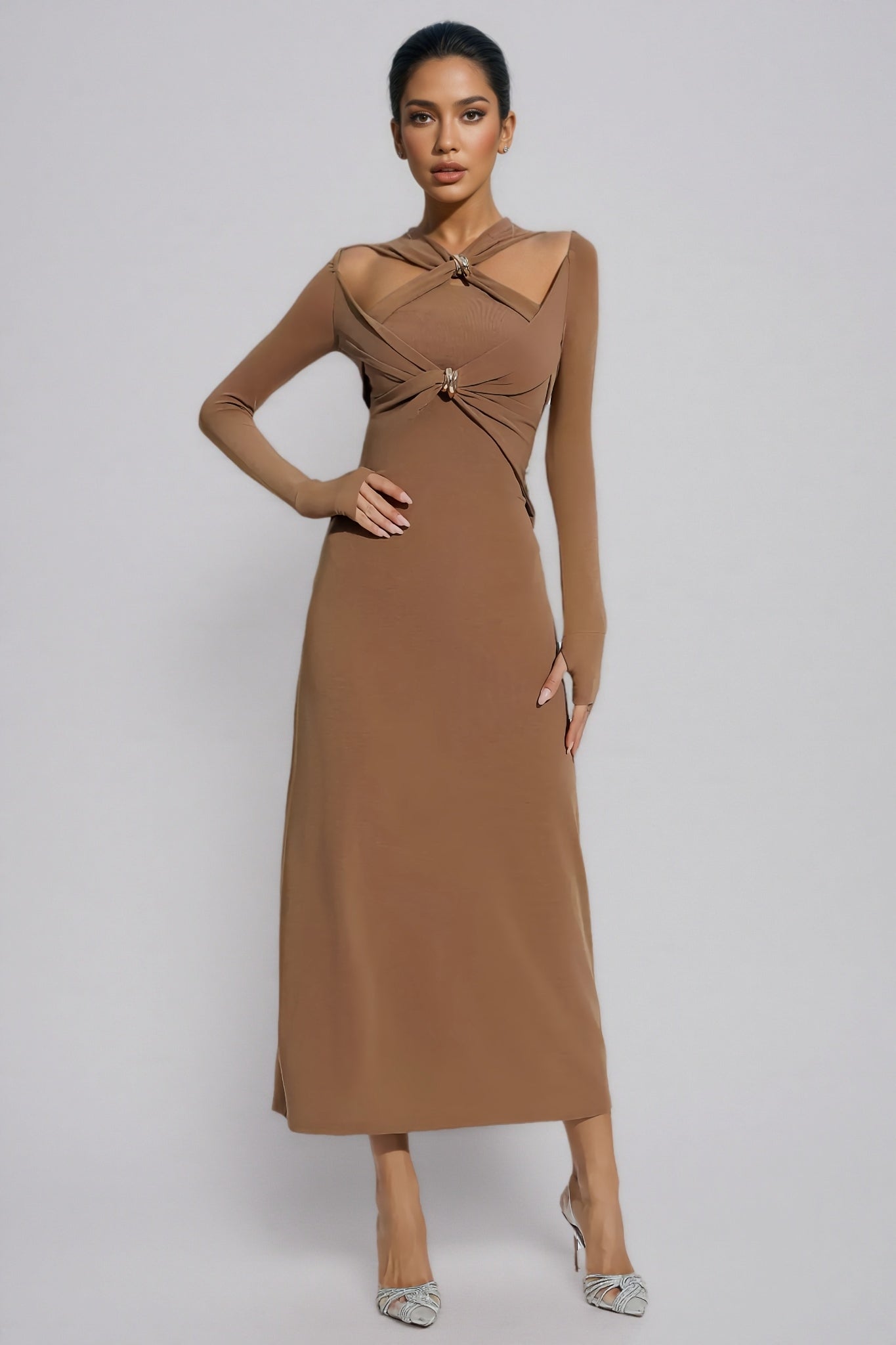 Ilana Solid Colour Strappy Maxi Dress-Brown