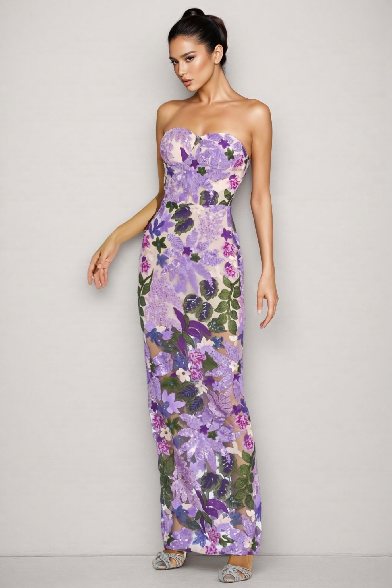 Rinia Sequin Floral Maxi Dress-Purple