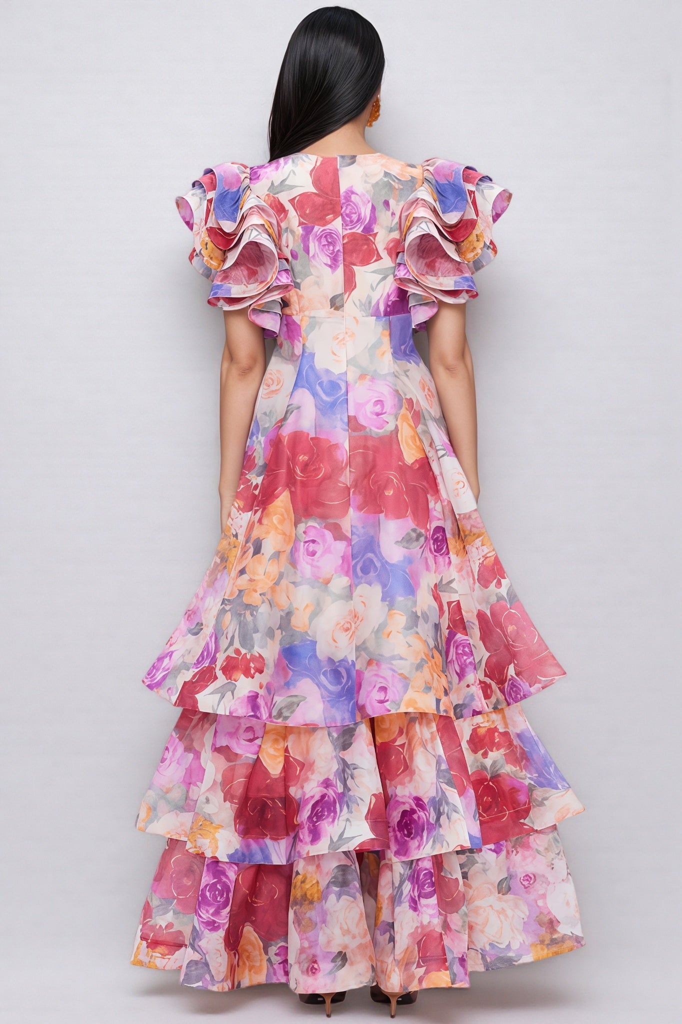 Mabel V Neck Floral Ruffle Maxi Dress