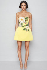 Rex Yellow Applique Floral Bustier Mini Dress