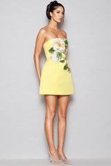 Rex Yellow Applique Floral Bustier Mini Dress