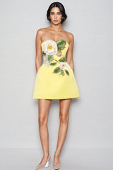 Rex Yellow Applique Floral Bustier Mini Dress