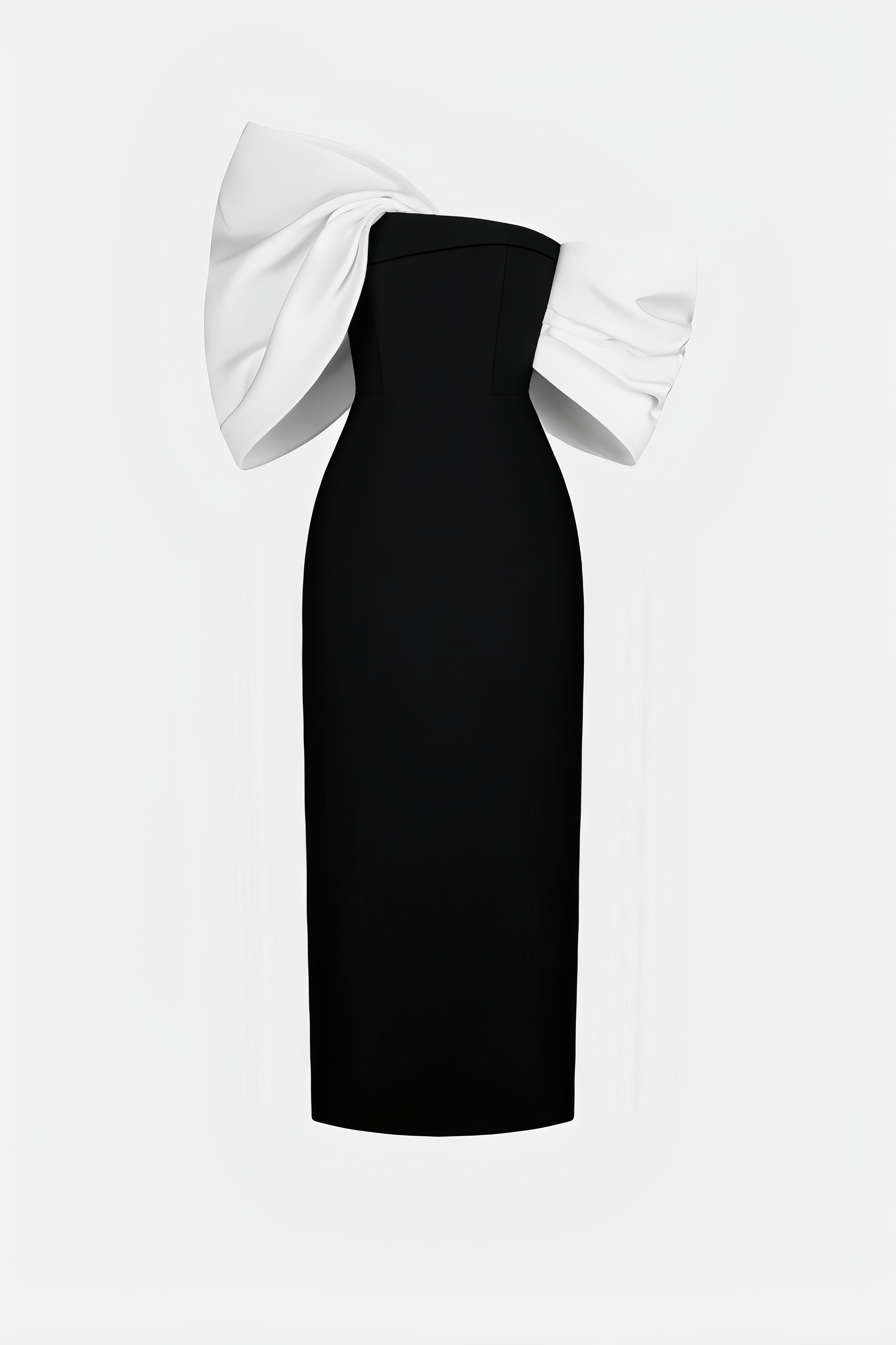 Delilah Bow Off-Shoulder Asymmetrical Midi Dress
