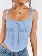 Lace Trim Ruched Bust Tie Front Tank Top