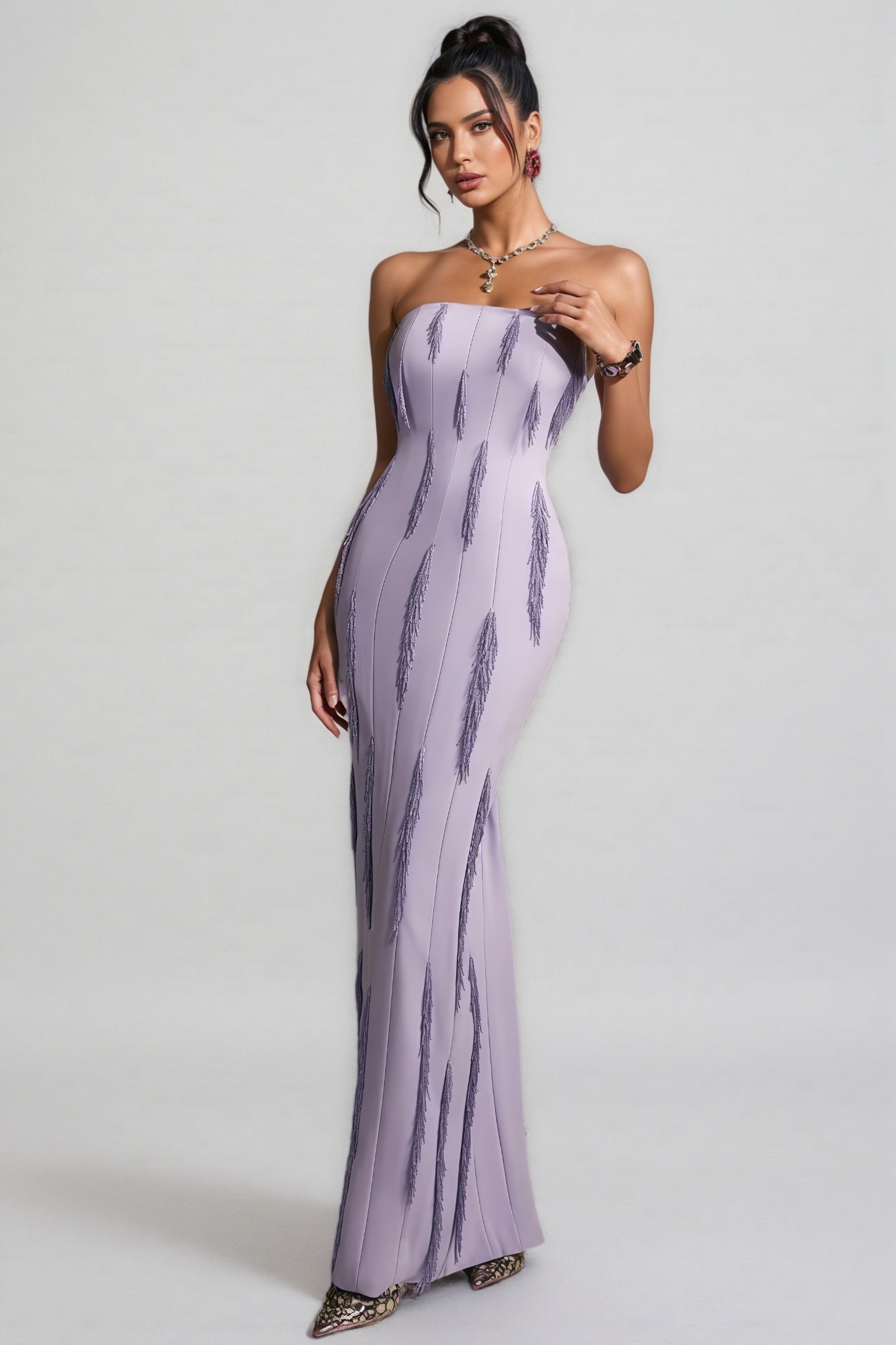 Liorald Strapless Beaded Fringe Maxi Dress