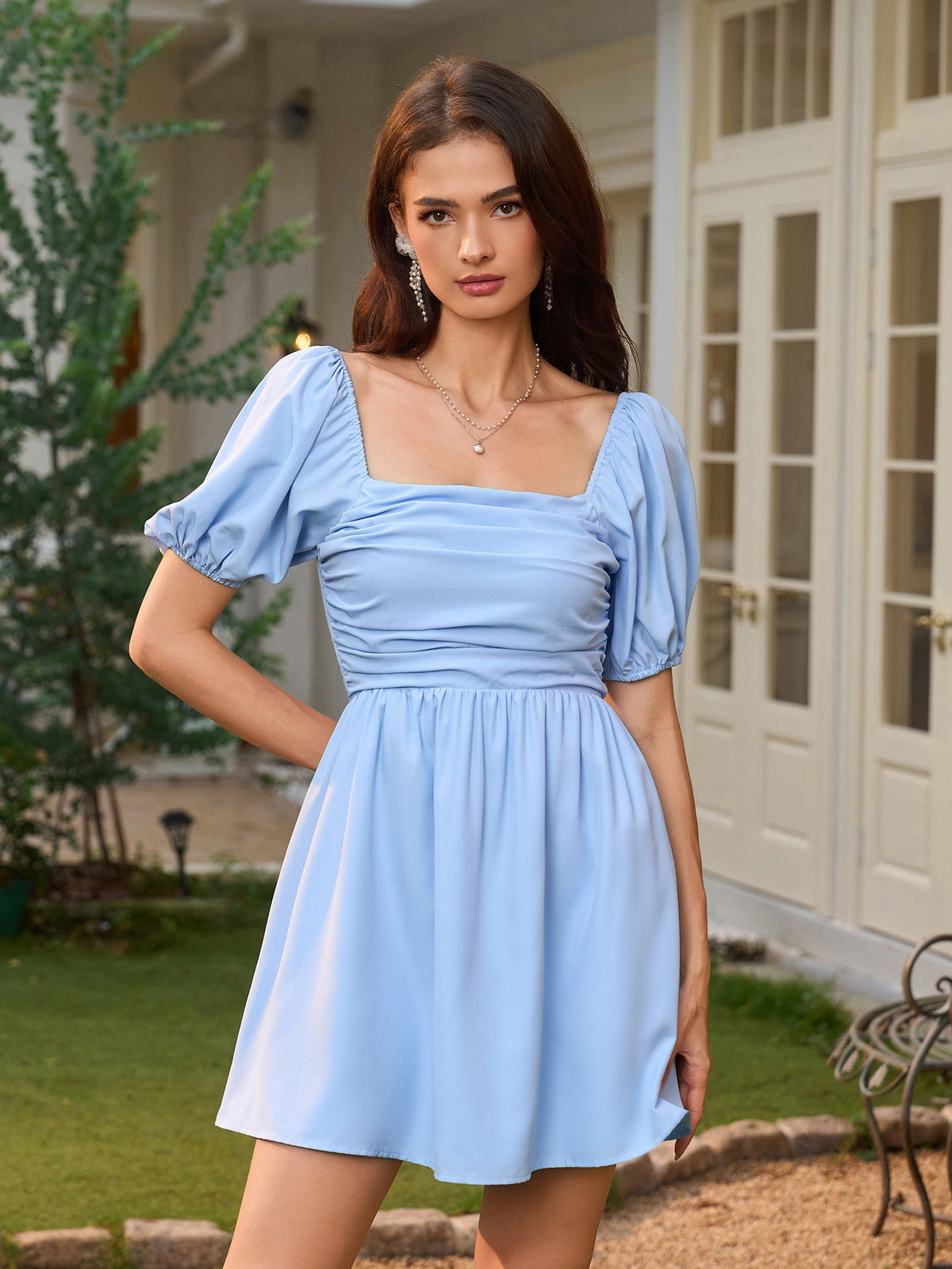 Lantern Sleeve Ruched Bust Flared Hem Dress