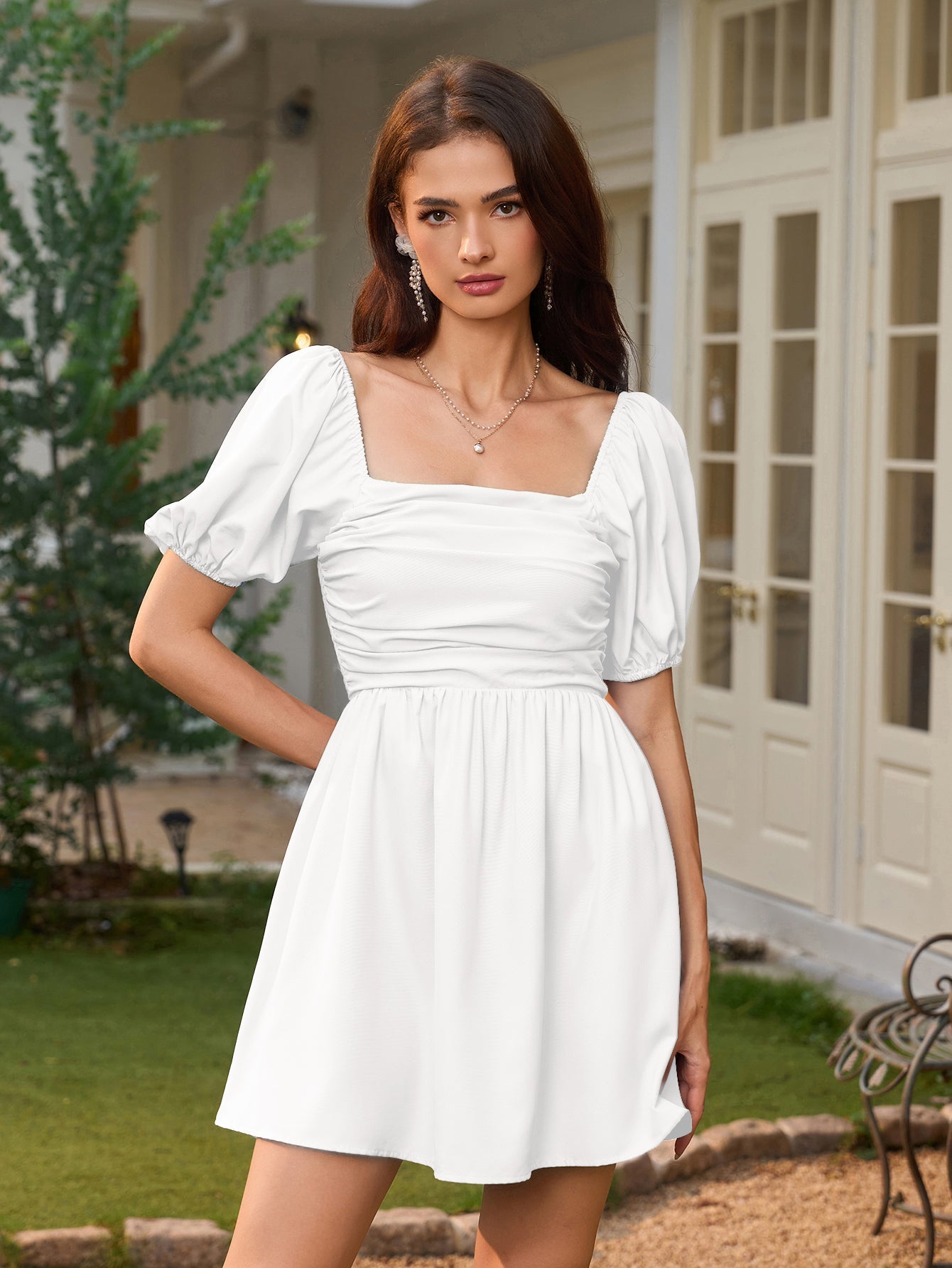 Lantern Sleeve Ruched Bust Flared Hem Dress