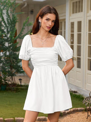 Lantern Sleeve Ruched Bust Flared Hem Dress