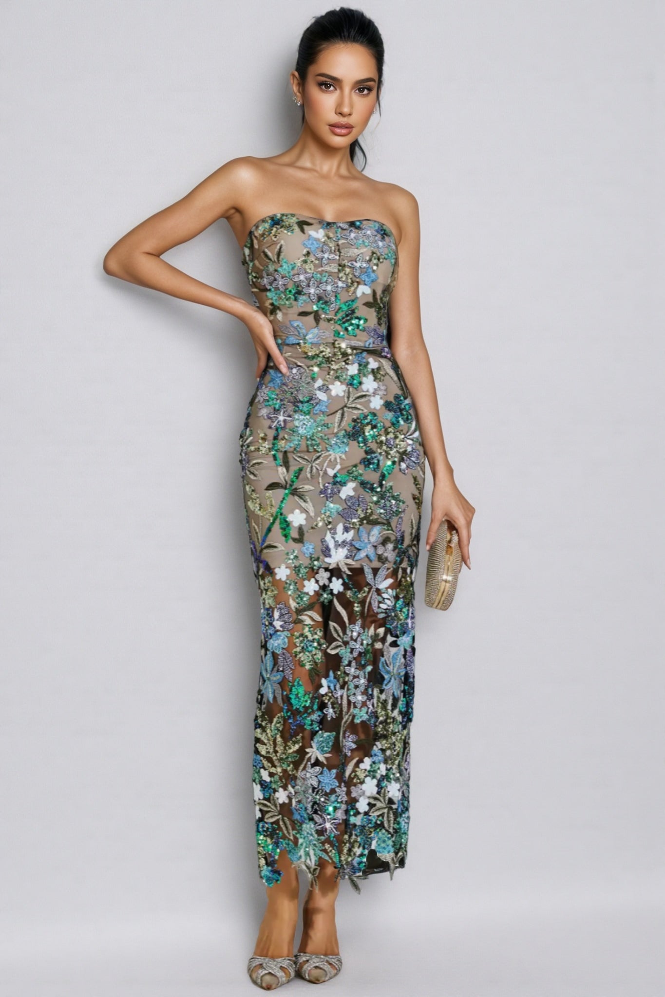 Aisia Sequin Floral Maxi Dress-Blue
