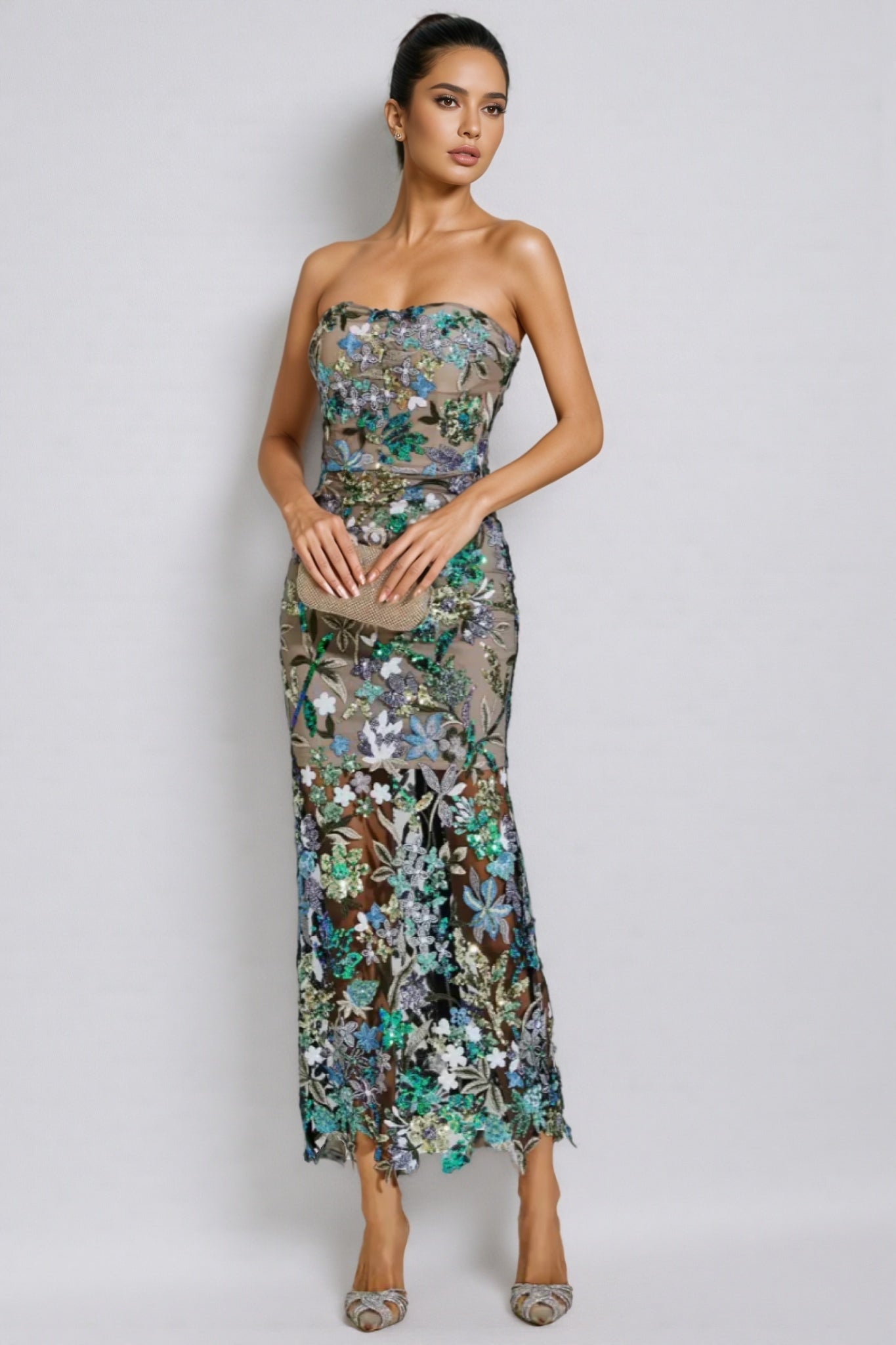 Aisia Sequin Floral Maxi Dress-Blue