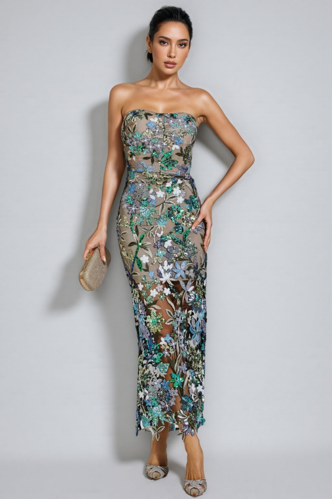 Aisia Sequin Floral Maxi Dress-Blue
