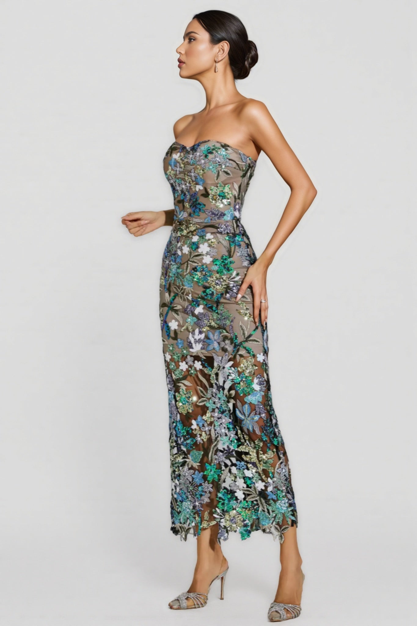 Aisia Sequin Floral Maxi Dress-Blue