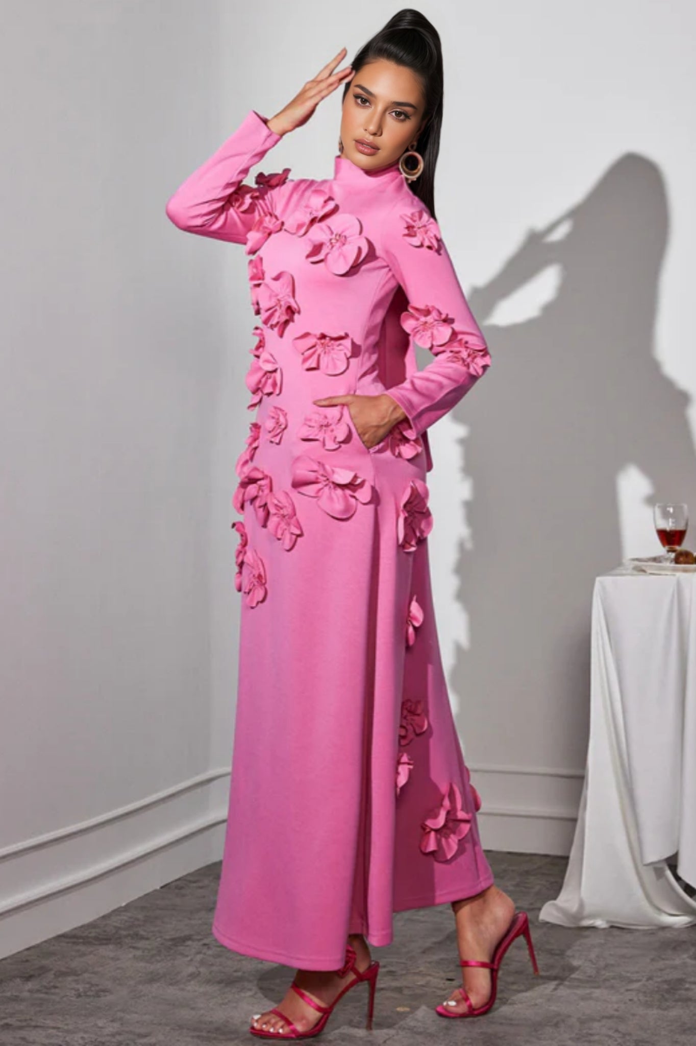 Halcyon Pink Flower Embellished Long Sleeves Maxi Dress