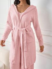 Long Sleeve Pocket Belted Hood Solid Sweater