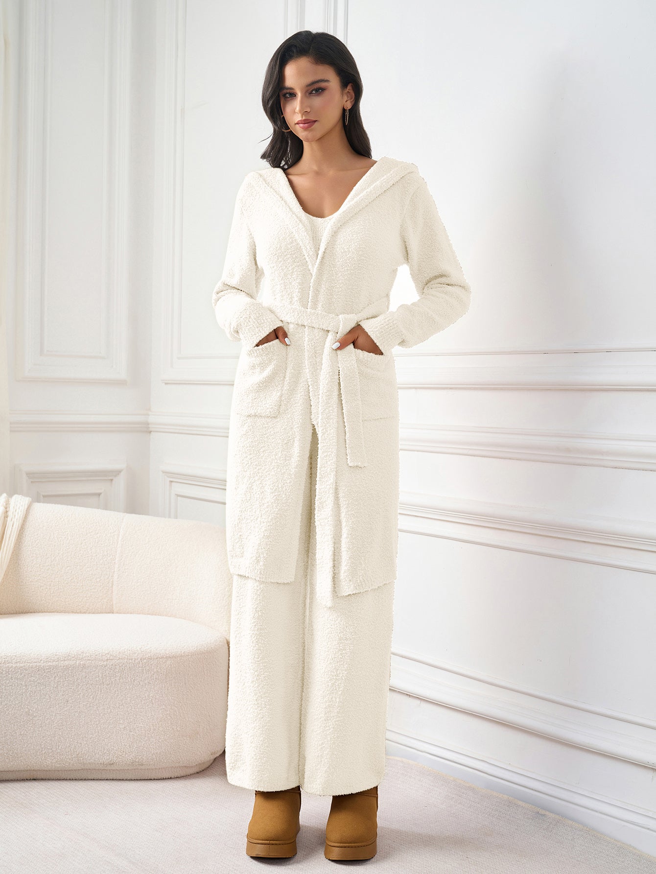 Long Sleeve Pocket Belted Hood Solid Sweater