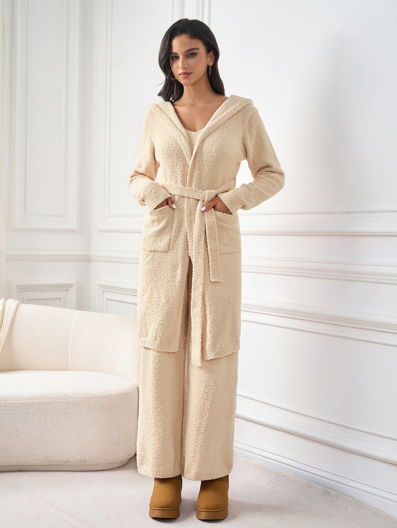 Long Sleeve Pocket Belted Hood Solid Sweater