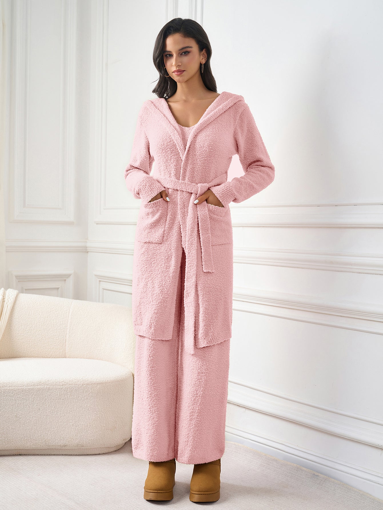 Long Sleeve Pocket Belted Hood Solid Sweater