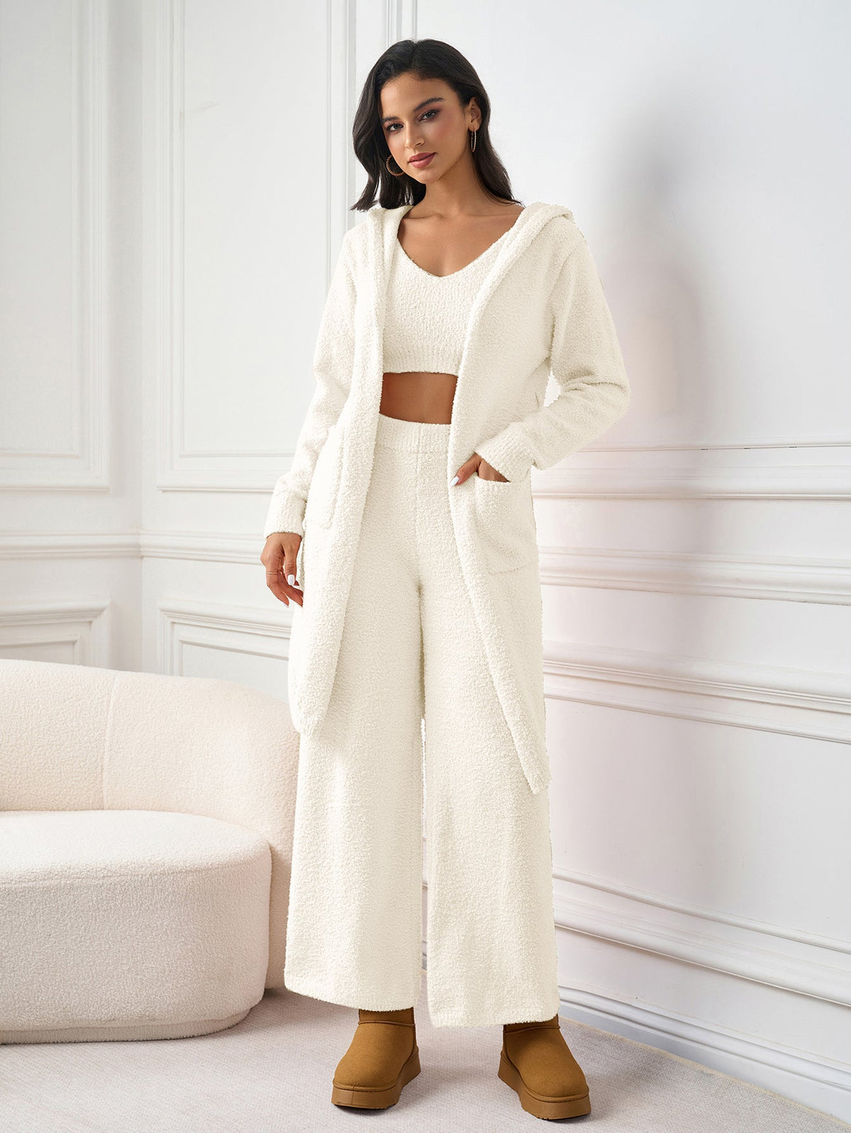 Long Sleeve Pocket Belted Hood Solid Sweater