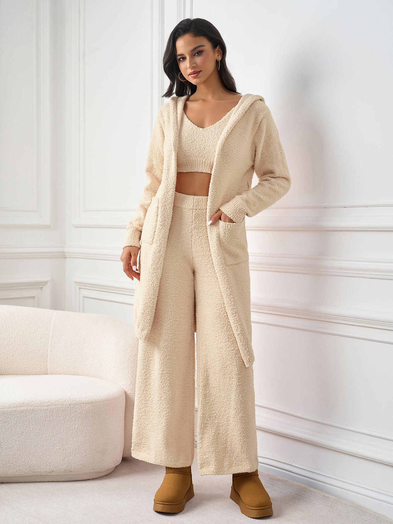 Long Sleeve Pocket Belted Hood Solid Sweater