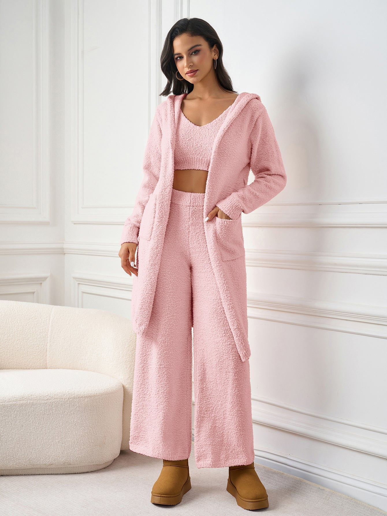 Long Sleeve Pocket Belted Hood Solid Sweater