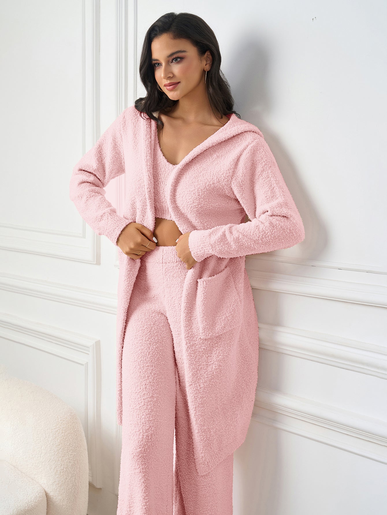 Long Sleeve Pocket Belted Hood Solid Sweater